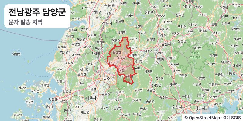 전남광주통합특별시 담양군 실종자 찾기 문자 발송 지역 지도